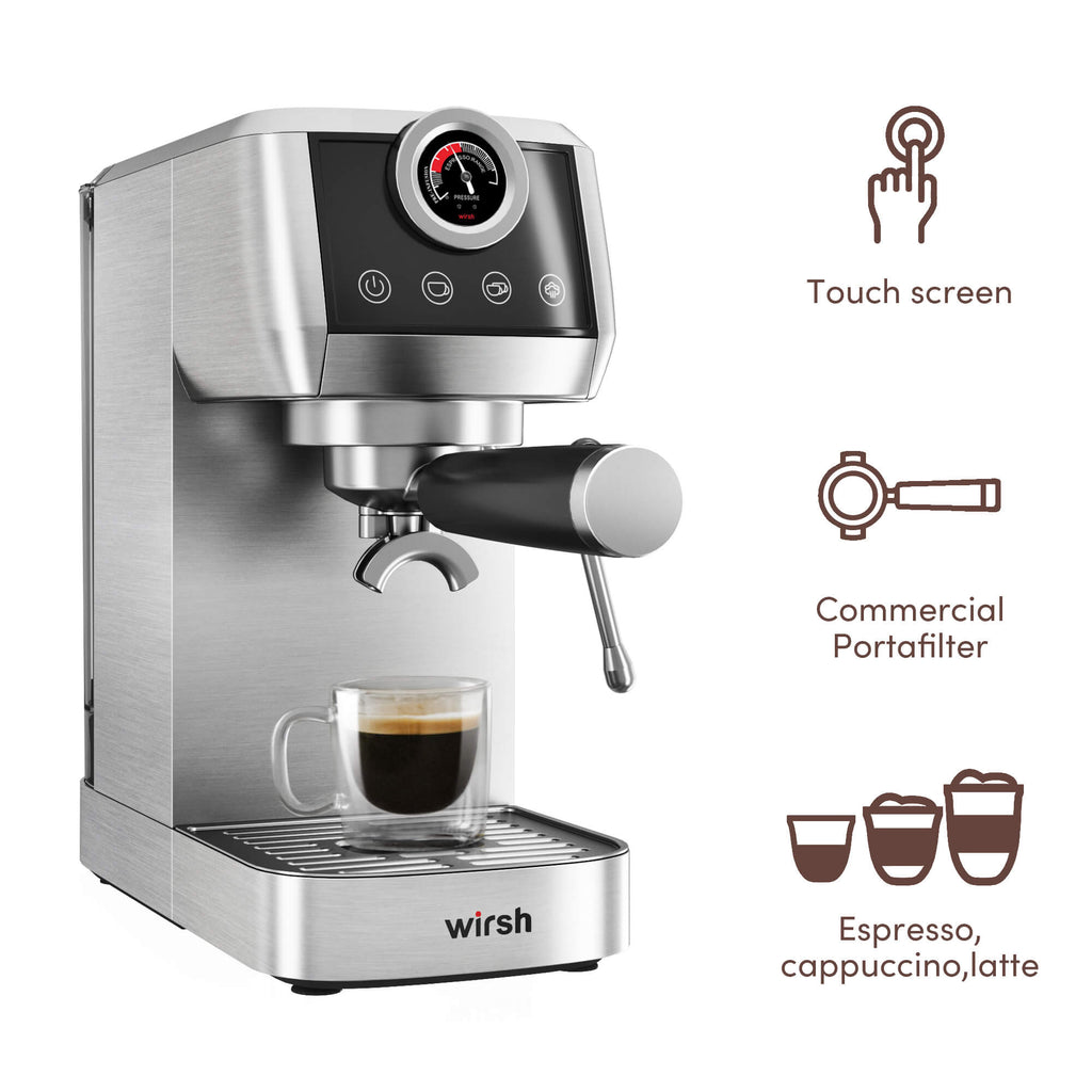 Wirsh 20 Bar Espresso Machine with Plastic Free Portafitler and Steamer, Pressure Gauge, Touch Screen, Full Stainless Steel (Home Barista Plus)