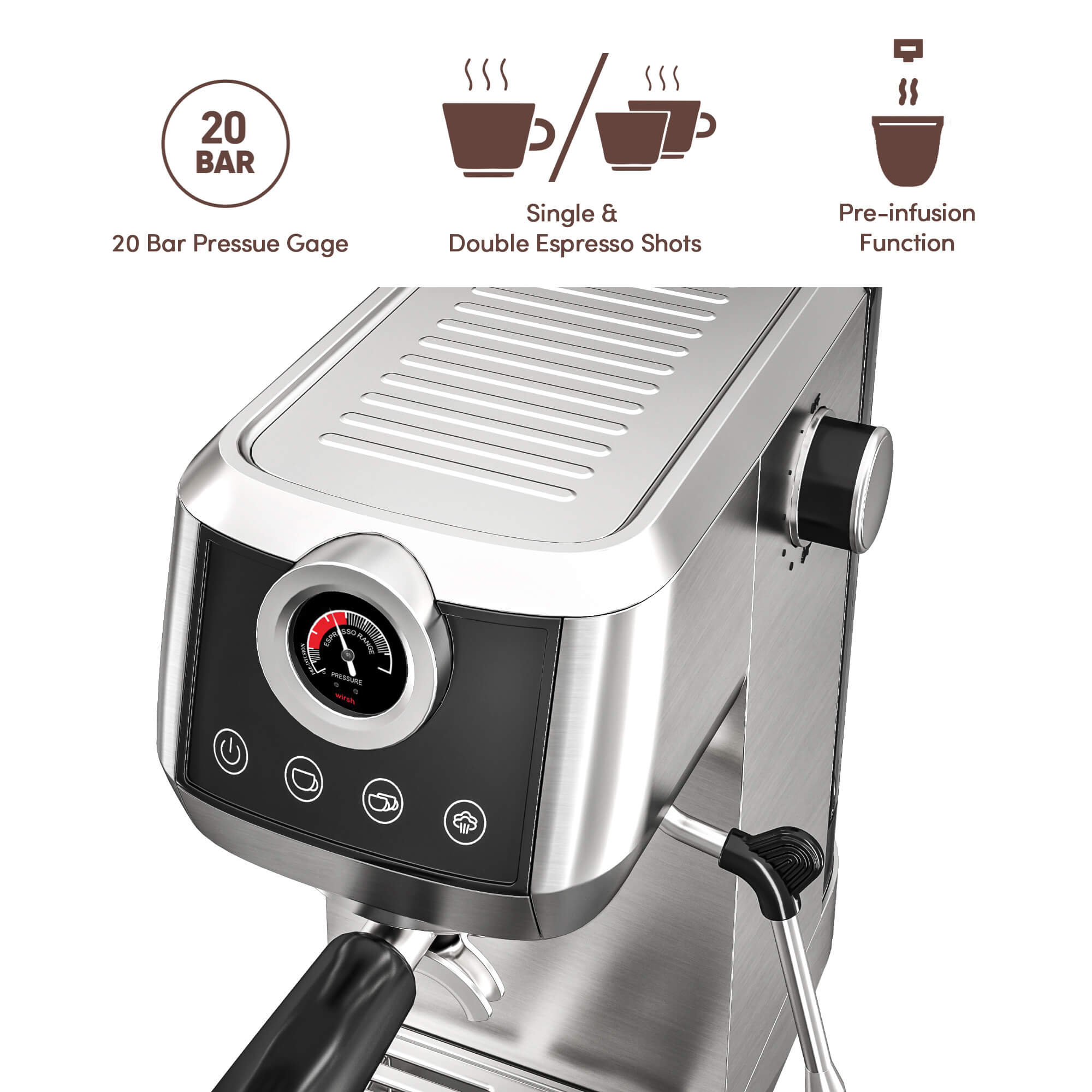 Wirsh 20 Bar Espresso Machine with Plastic Free Portafitler and Steamer, Pressure Gauge, Touch Screen, Full Stainless Steel (Home Barista Plus)